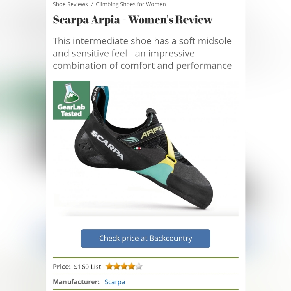 Scarpa Arpia women's rock climbing shoe
